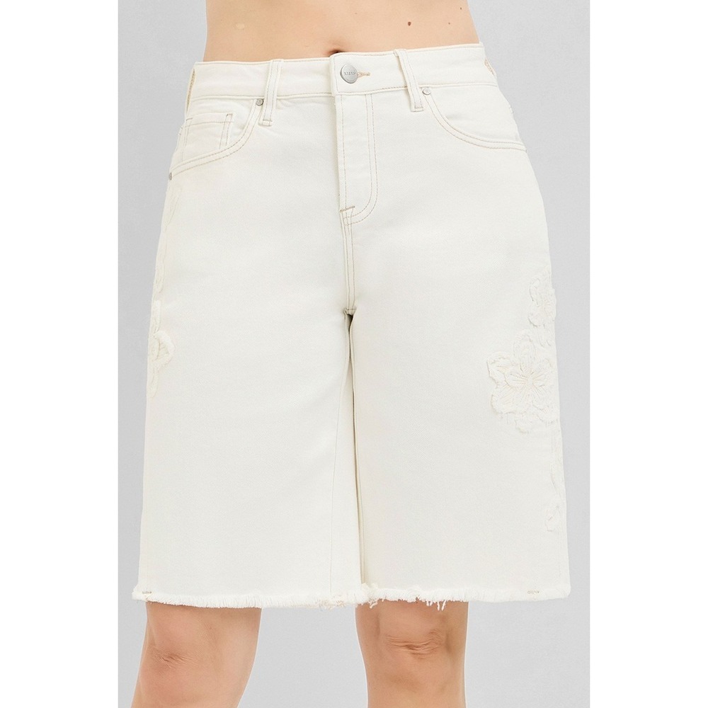 RISEN Slouchy Relaxed Floral Embroidered Bermuda Denim Shorts - Medium